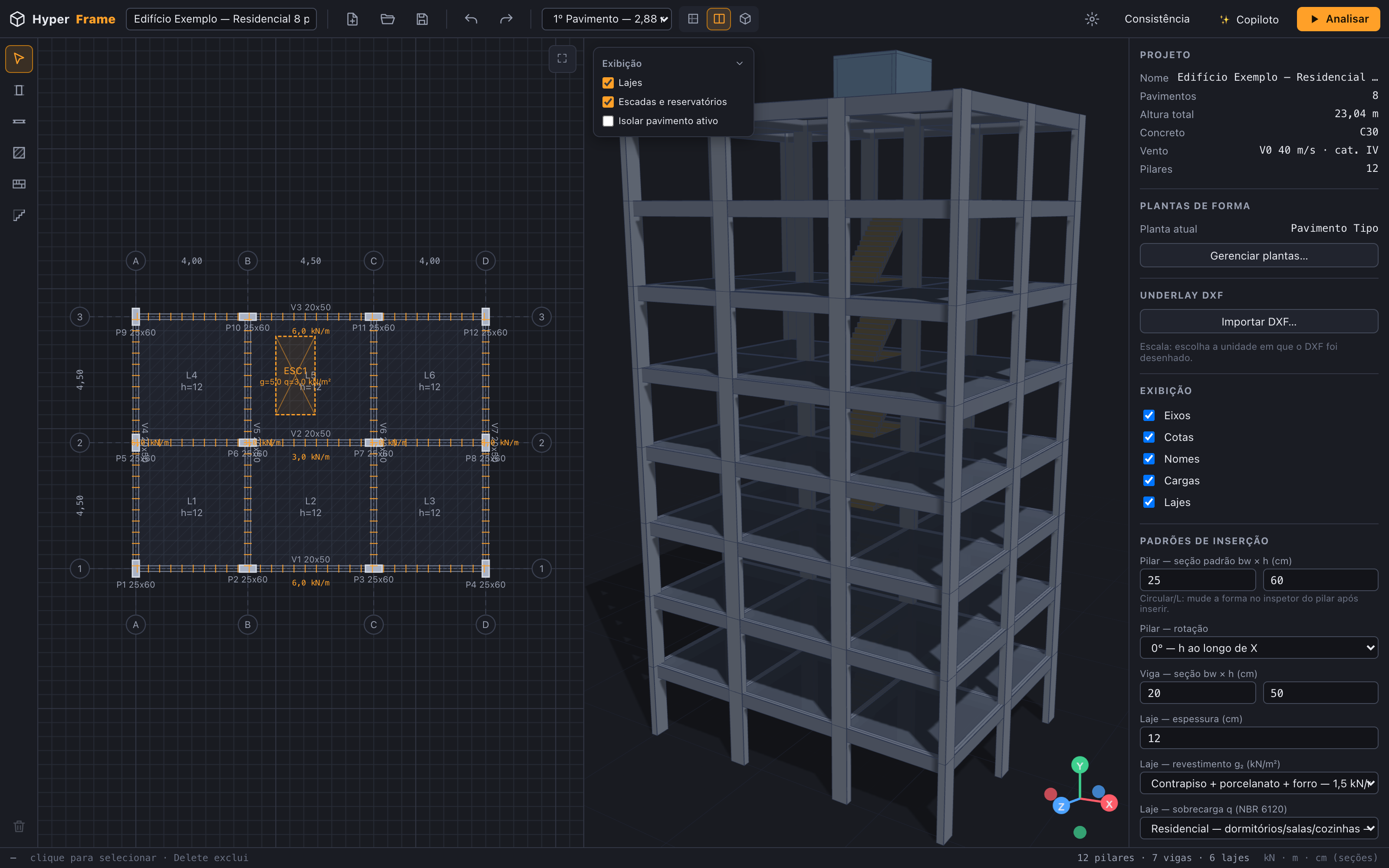 HyperFrame: planta de forma 2D com eixos e cotas ao lado do modelo 3D de um edifício de 8 pavimentos