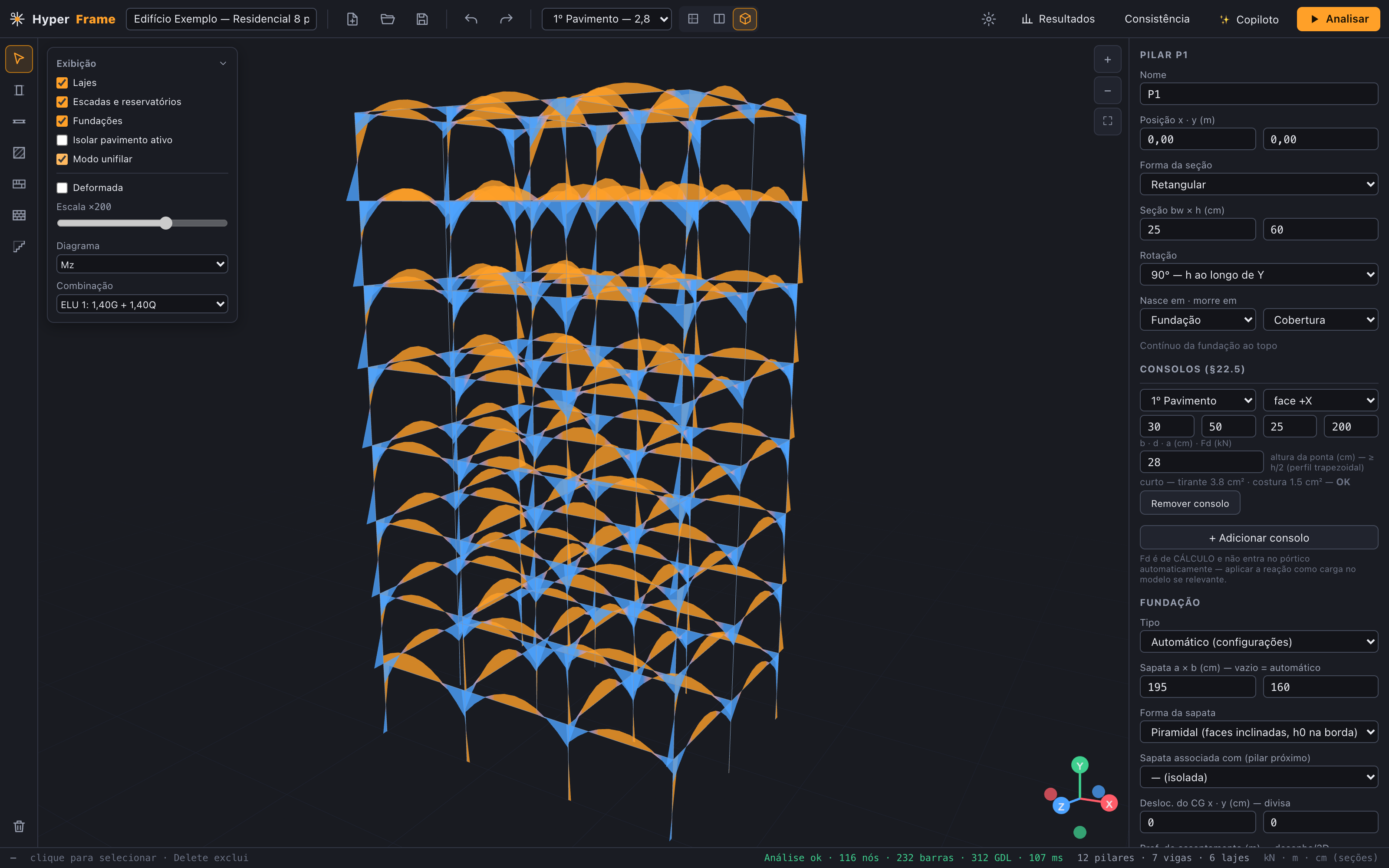 Modelo unifilar com diagramas de esforços nas barras.